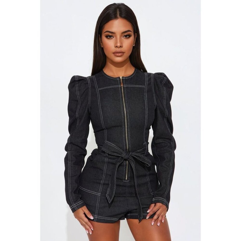 Black Denim Zip-Up Romper – Size XL, Brand New